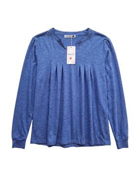 NWT | Blue Pleated Long Sleeve Henley Neck Tunic Top Soft Stretch | Large